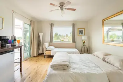 a bedroom with two beds and a ceiling fan at MAGIC VILLA Overlooking Pool Oasis in Temecula