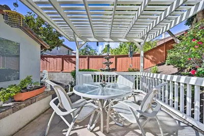 a patio with a table and chairs under a pergola at Chula Vista Studio with Hot Tub about 9 Mi to Downtown in Chula Vista