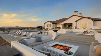 a patio with couches and a fire pit at Pinot Point by AvantStay Massive Estate 10 mins from Temecula Wineries in Temecula