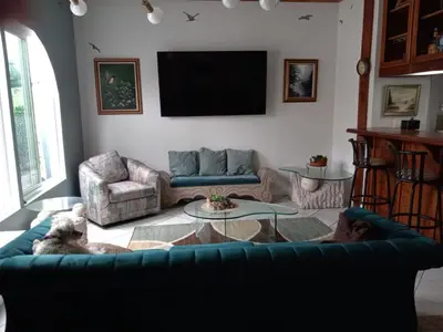 a living room with a green couch and a tv at Master SUITE STEPS TO BAY & BEACH in San Diego