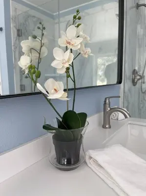 a vase with white flowers sitting on a bathroom counter at Temecula Rejuvenation in Temecula