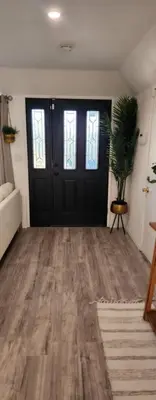 a room with a black door and a potted plant at Gated Mountain Villa w/ Private Garage and King Bed in Lake Elsinore
