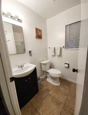 a bathroom with a toilet and a sink and a mirror at Private, Spacious, 4x Queen, 300 MBPS Internet with Backyard! in Hemet