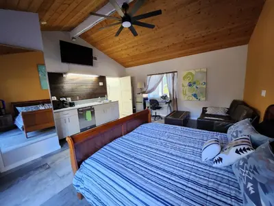 a bedroom with a large bed with a ceiling fan at On Site Parking King Master Suite UCSD Walk in San Diego