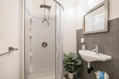 a bathroom with a shower and a sink at Private Room0 Own Bath Own Entry Shared Kitchen Walk to UCSD in San Diego