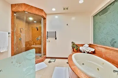a bathroom with a large tub and a shower at Celebrity Oceanfront Estate in San Diego