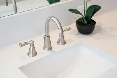 a kitchen sink with two faucets and a potted plant at 1400 S Bayfront in Newport Beach