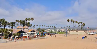 a beach with palm trees and people on the sand at 600 E Oceanfront 2B in Newport Beach