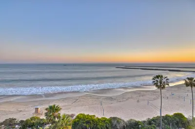 a beach with palm trees and the ocean at sunset at Upper West Newport in Newport Beach