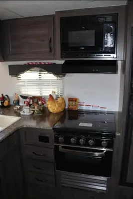 a kitchen with a stove and a microwave at RV quiet place in the mountain in Hemet